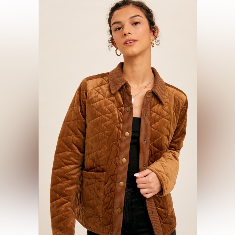 308. Velvet Quilted Cozy Jacket Caramel W/Pockets S, M & L NEW Item NWT - Picture 4 of 5